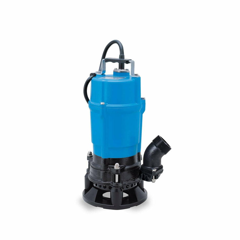 Blue and black submersible pump on a white background