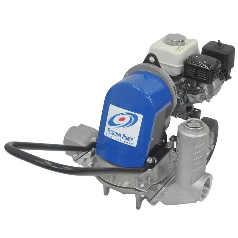 Studio view of the Tsurumi diaphragm pump with a blue casing, Honda engine, and black handle.
