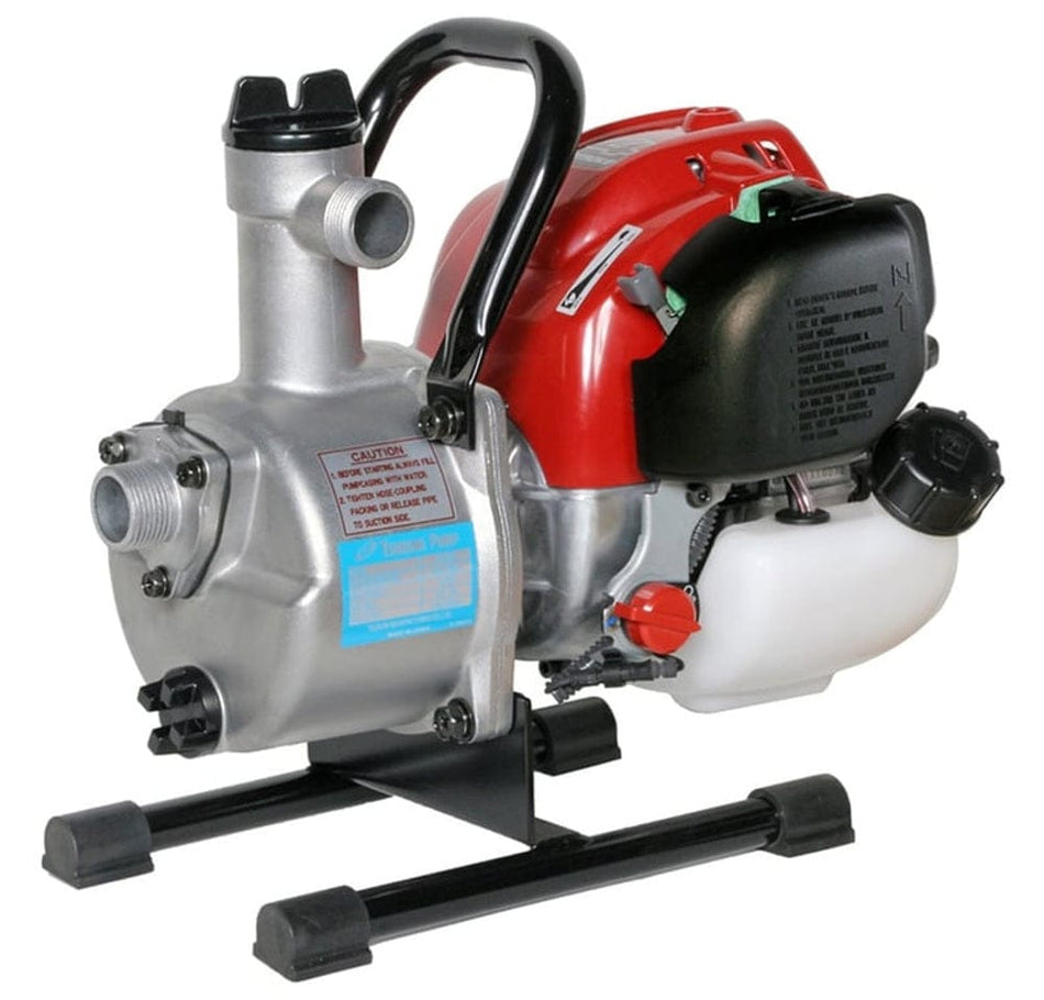 Angled studio view of the 1 inch engine powered pump featuring a silver pump casing, red Honda GX25 engine housing, and a black carry handle on a black stand.