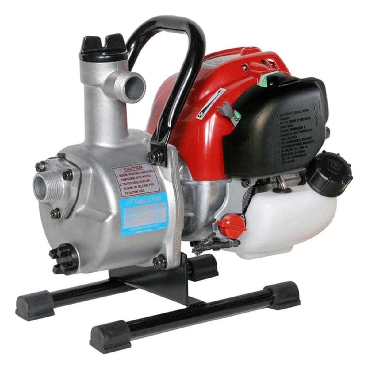 Angled studio view of the 1 inch engine powered pump featuring a silver pump casing, red Honda GX25 engine housing, and a black carry handle on a black stand.