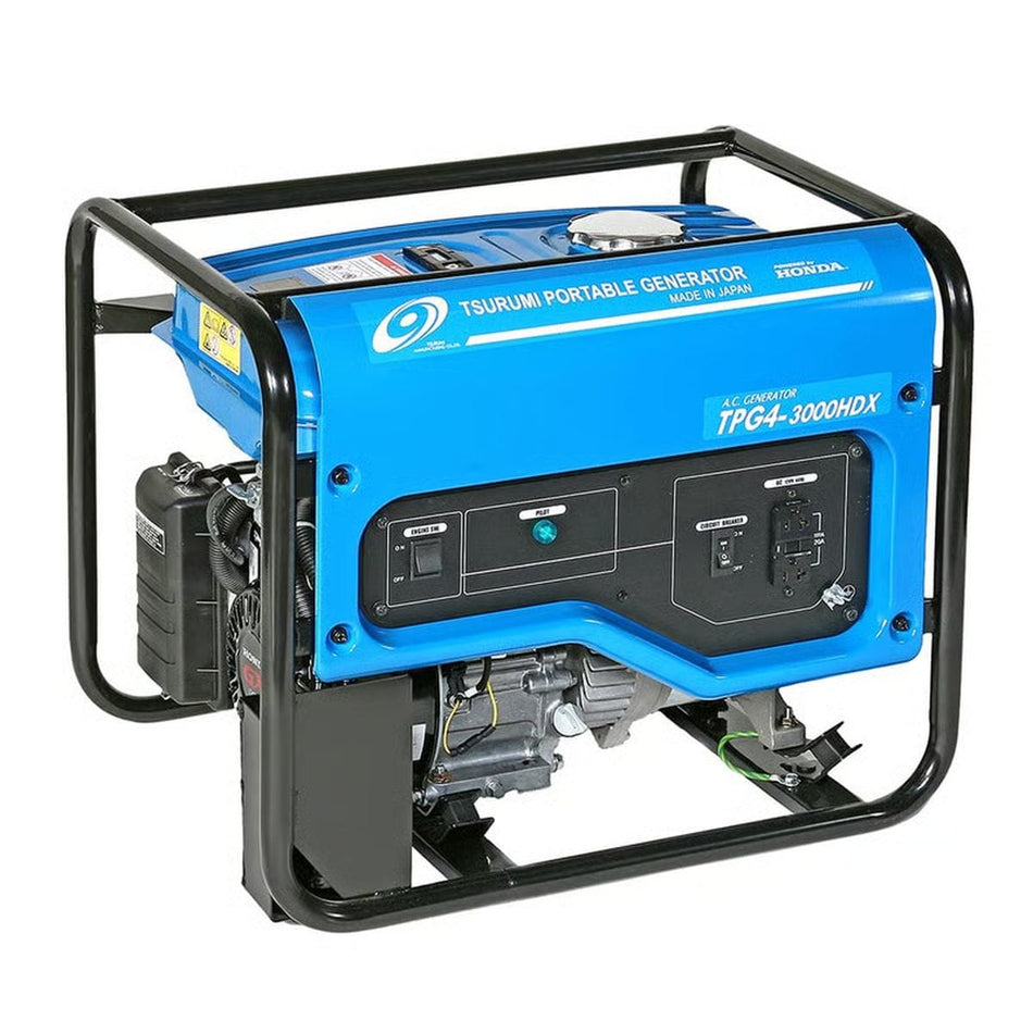 Blue portable generator with visible branding on a white background