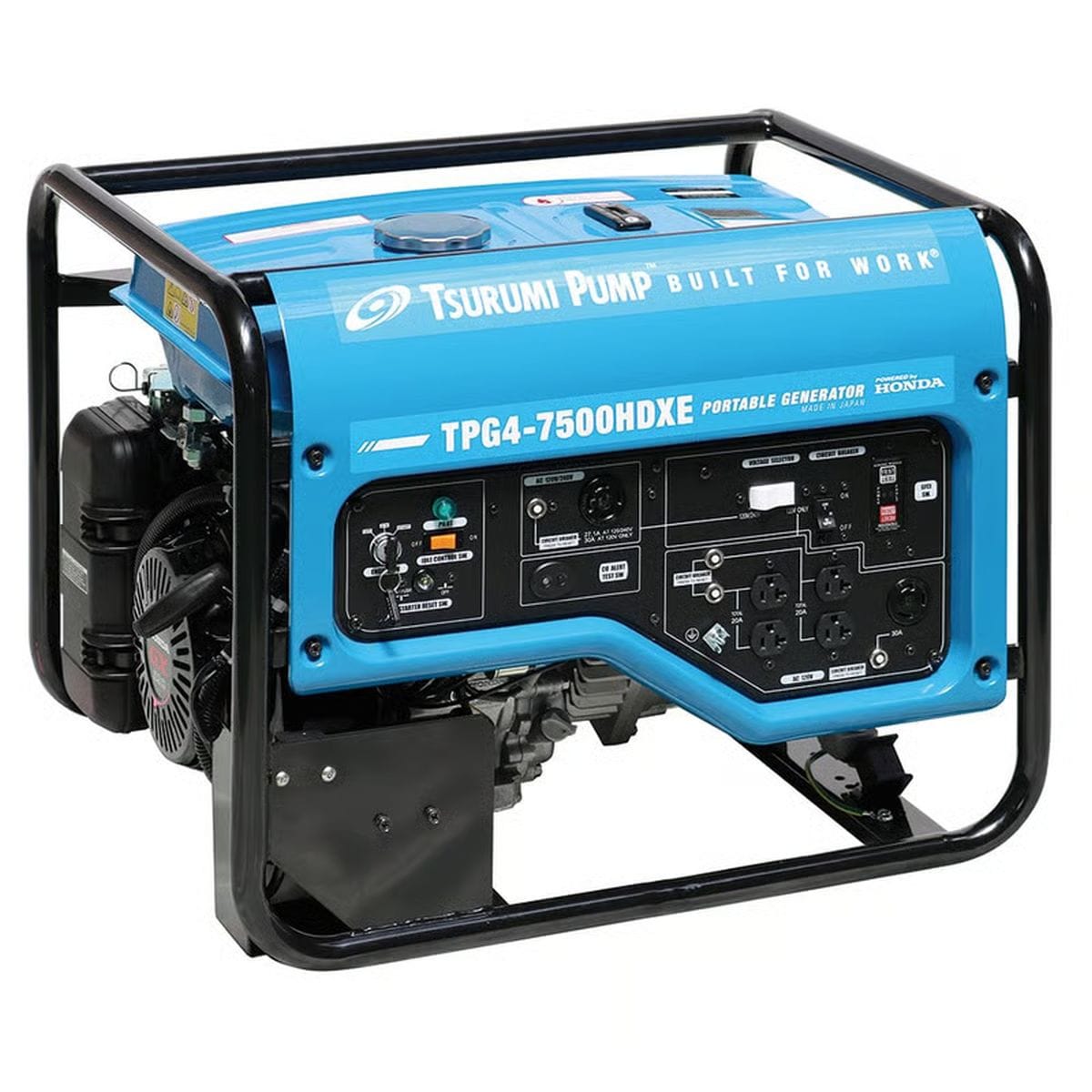 Angled studio view of the Tsurumi TPG4-7500HDXE heavy duty portable generator featuring a protective black steel roll cage frame, blue fuel tank, and a comprehensive control panel with multiple 120V and 240V outlets for construction site power.