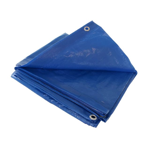 Folded 5 by 7 foot blue poly tarp showing woven texture and rust resistant aluminum grommets on reinforced corners