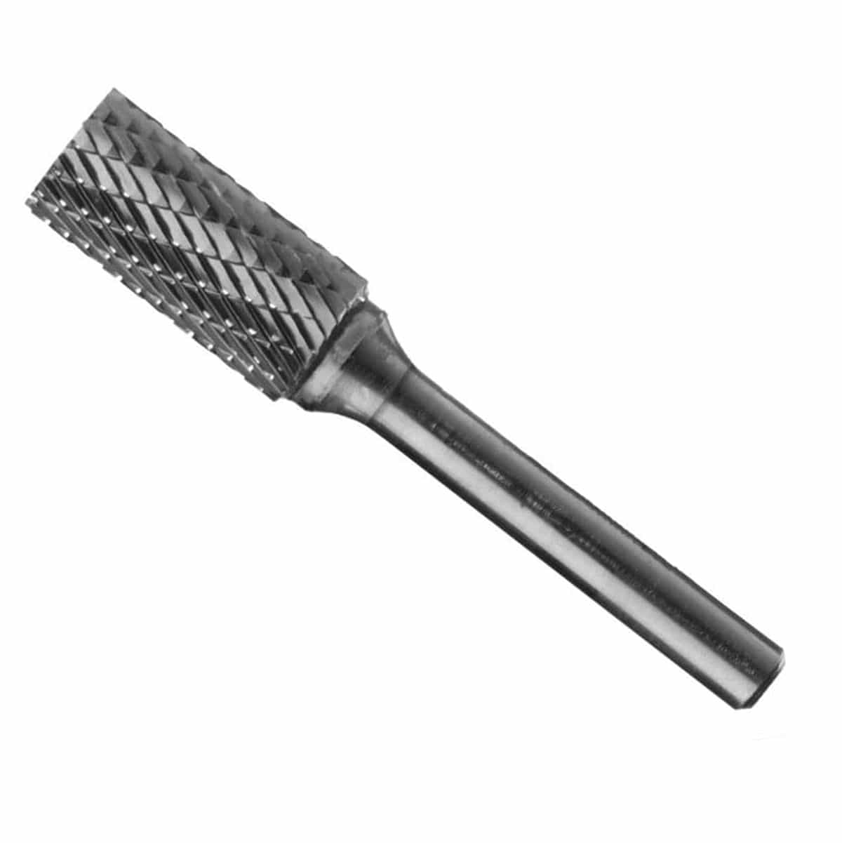 A three-quarter angle studio shot of the UCT Gem Carbide SA3 3/8-inch cylindrical burr, showing the double-cut head and 1/4-inch shank.