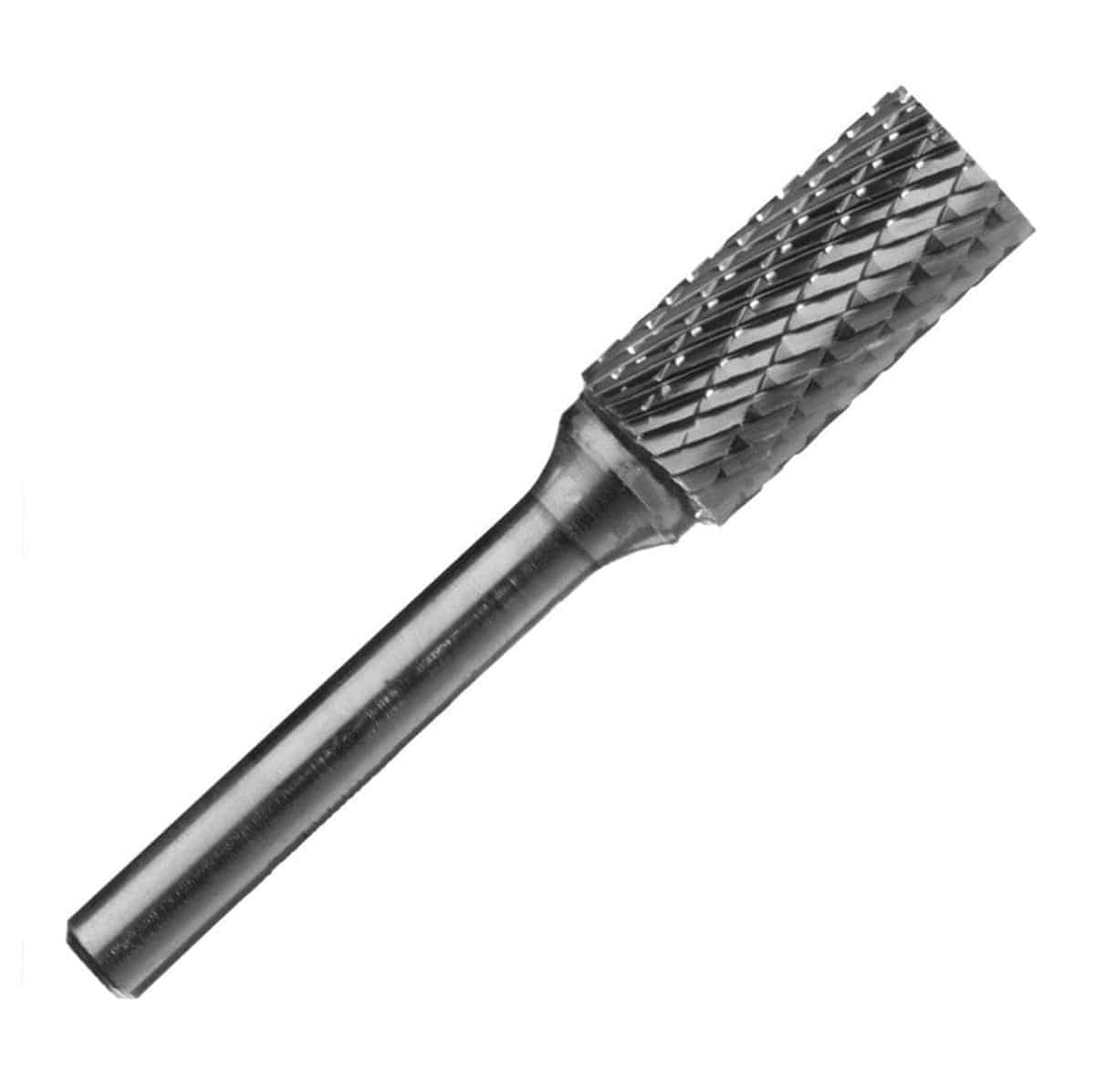 A studio shot of the UCT Gem Carbide SA5 1/2-inch cylindrical carbide burr, showing the double-cut head and a flat end.