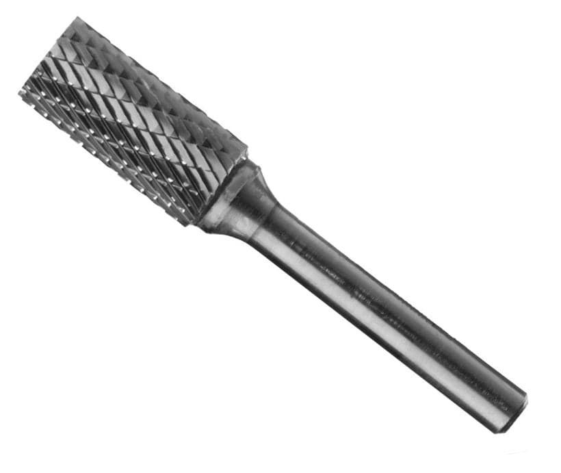 A three-quarter angle studio shot of the UCT Gem Carbide SA3 3/8-inch cylindrical burr, showing the double-cut head and 1/4-inch shank.