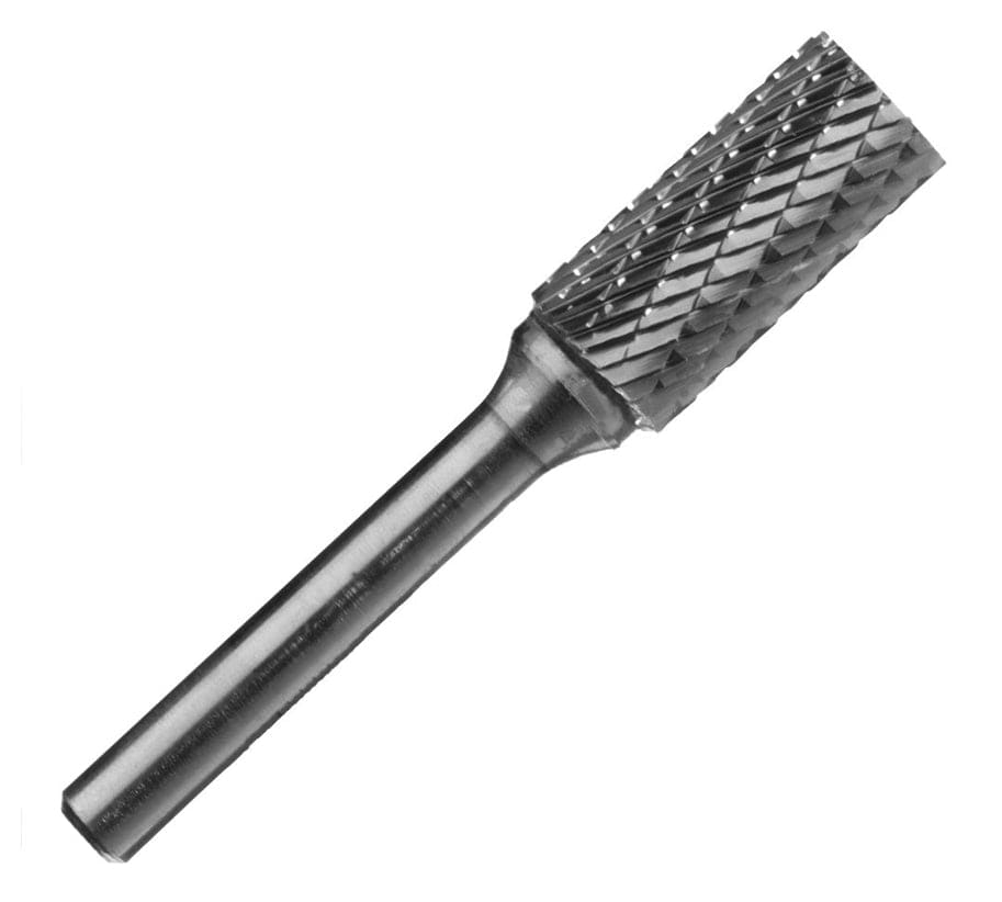 A studio shot of the UCT Gem Carbide SA5 1/2-inch cylindrical carbide burr, showing the double-cut head and a flat end.