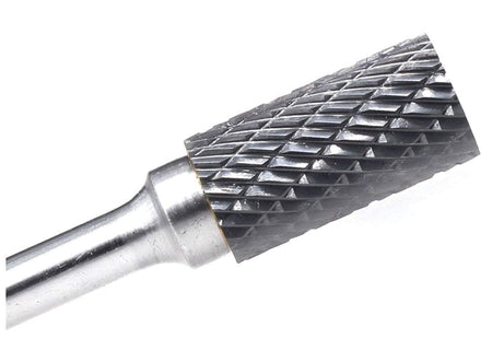 A three-quarter angle studio shot of the UCT Gem Carbide SA5 cylindrical burr, showing the double-cut head and a clear view of the 1/4-inch shank.