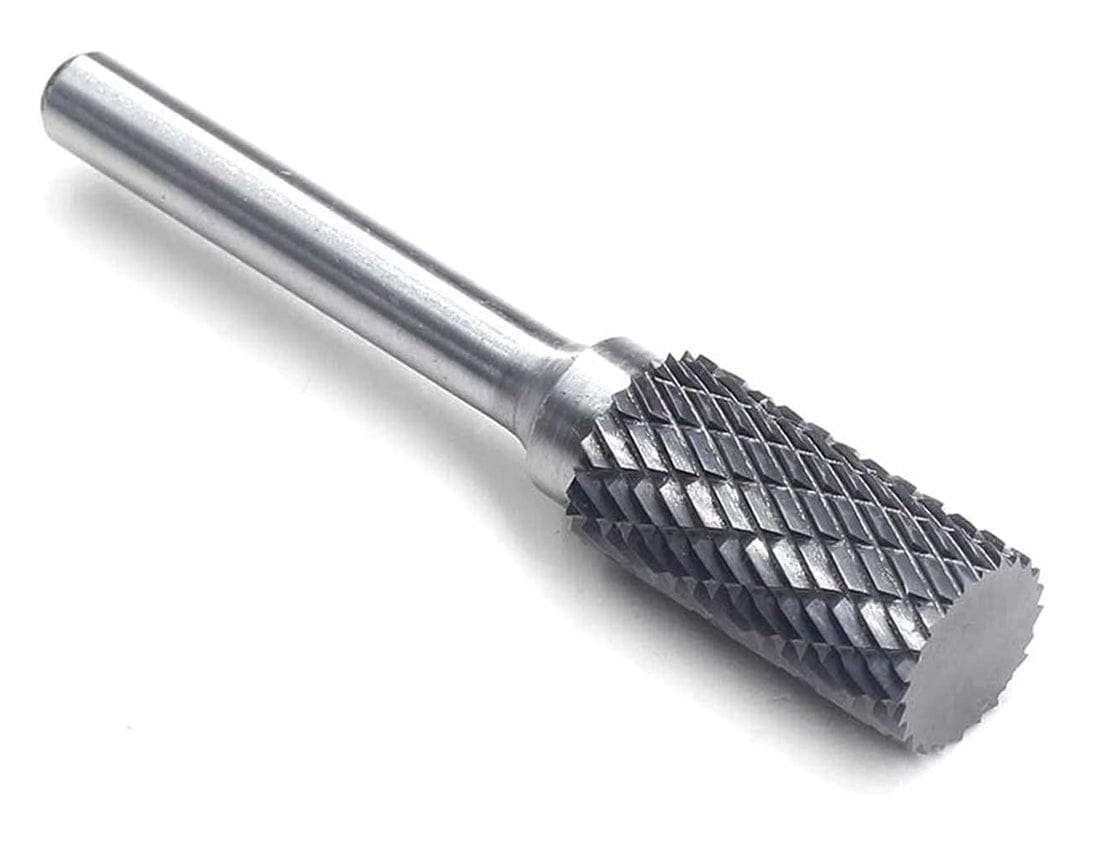 A side view studio shot of the UCT Gem Carbide SA5 cylindrical burr, highlighting the double-cut pattern on the head.