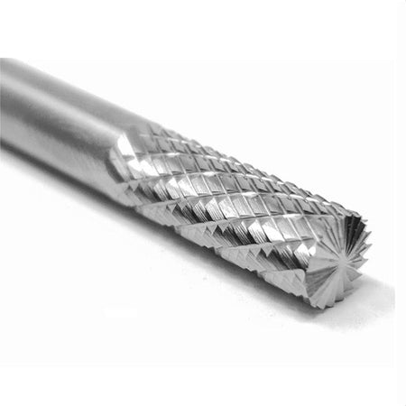 A detailed close-up studio shot of the double-cut, radius-end head of the UCT Gem Carbide SB1 burr.