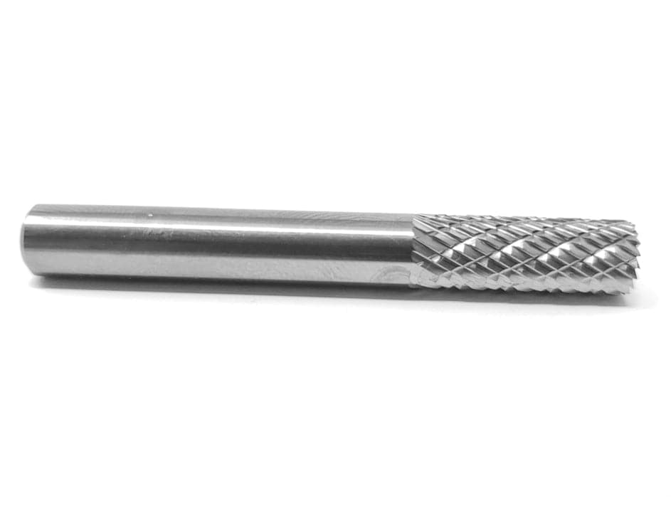 A side profile studio shot of the UCT Gem Carbide SB1 burr, showing the 1/4-inch shank and the cylindrical, radius-end double-cut head.