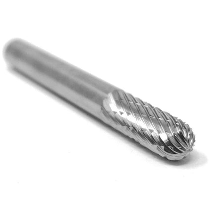 A three-quarter angle studio shot of the UCT Gem Carbide SC-1 burr, highlighting the double-cut tree-shape head.