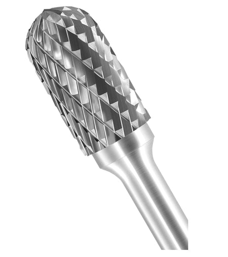 A three-quarter angle studio shot of the UCT Gem Carbide SC-5 burr, highlighting the double-cut tree-shape head.