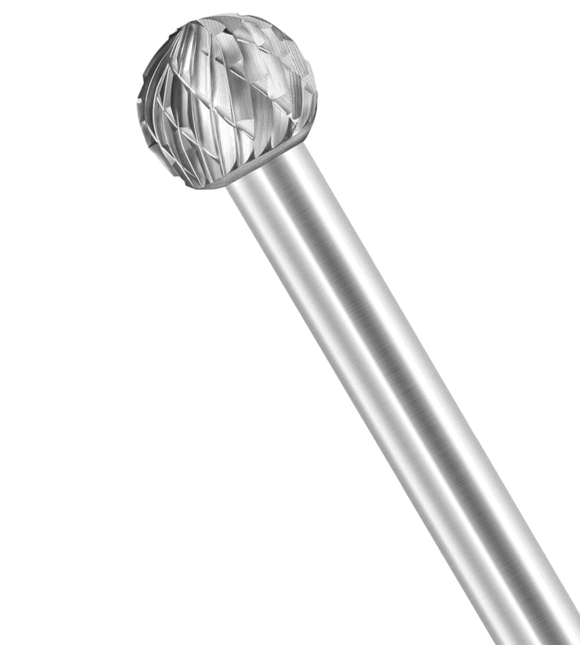 A three-quarter angle studio shot of the UCT Gem Carbide SD-3 3/8-inch ball-shaped burr.
