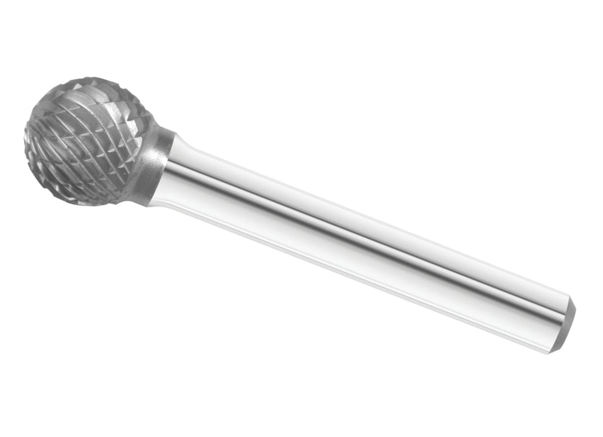 A three-quarter angle studio shot of the UCT Gem Carbide SD-5 1/2-inch ball-shaped burr.