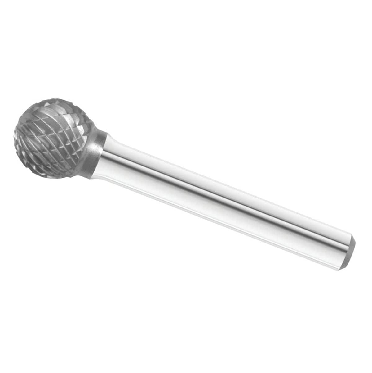 A three-quarter angle studio shot of the UCT Gem Carbide SD-5 1/2-inch ball-shaped burr.