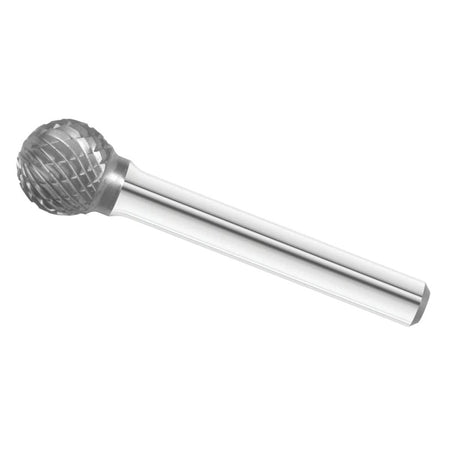 A three-quarter angle studio shot of the UCT Gem Carbide SD-5 1/2-inch ball-shaped burr.