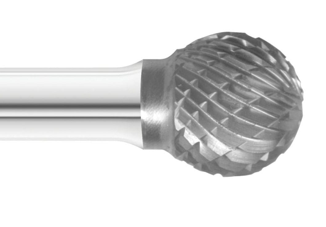 A close-up macro shot of the double-cut (cross-cut) flutes on the 1/2-inch ball-shaped head of the UCT Gem Carbide SD-5 burr.