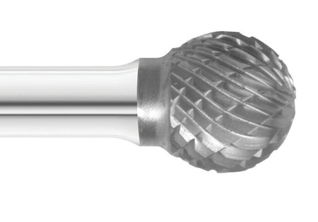 A close-up macro shot of the double-cut (cross-cut) flutes on the 1/2-inch ball-shaped head of the UCT Gem Carbide SD-5 burr.