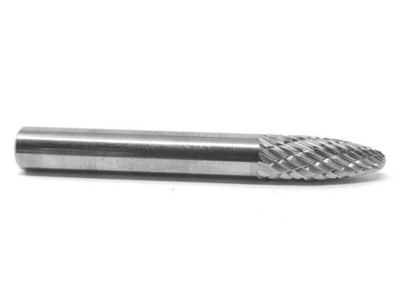 A side profile studio shot of the UCT Gem Carbide SF-1 burr, showing the 1/4-inch shank and the double-cut, tree-shaped radius end head.