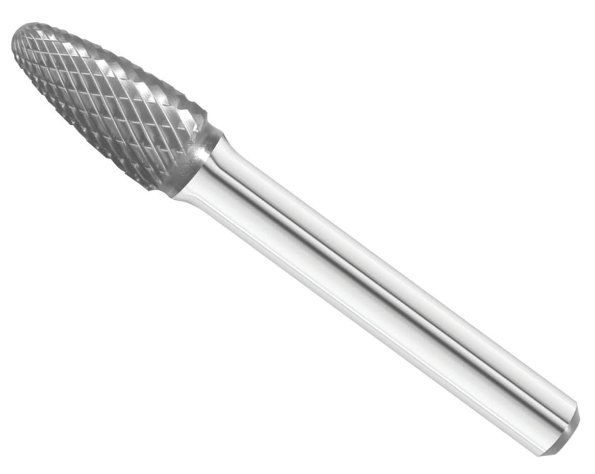 A three-quarter angle studio shot of the UCT Gem Carbide SF-3 burr, highlighting the double-cut, tree-shaped head.