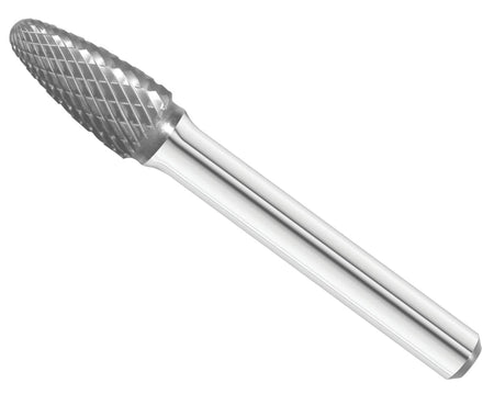 A three-quarter angle studio shot of the UCT Gem Carbide SF-3 burr, highlighting the double-cut, tree-shaped head.