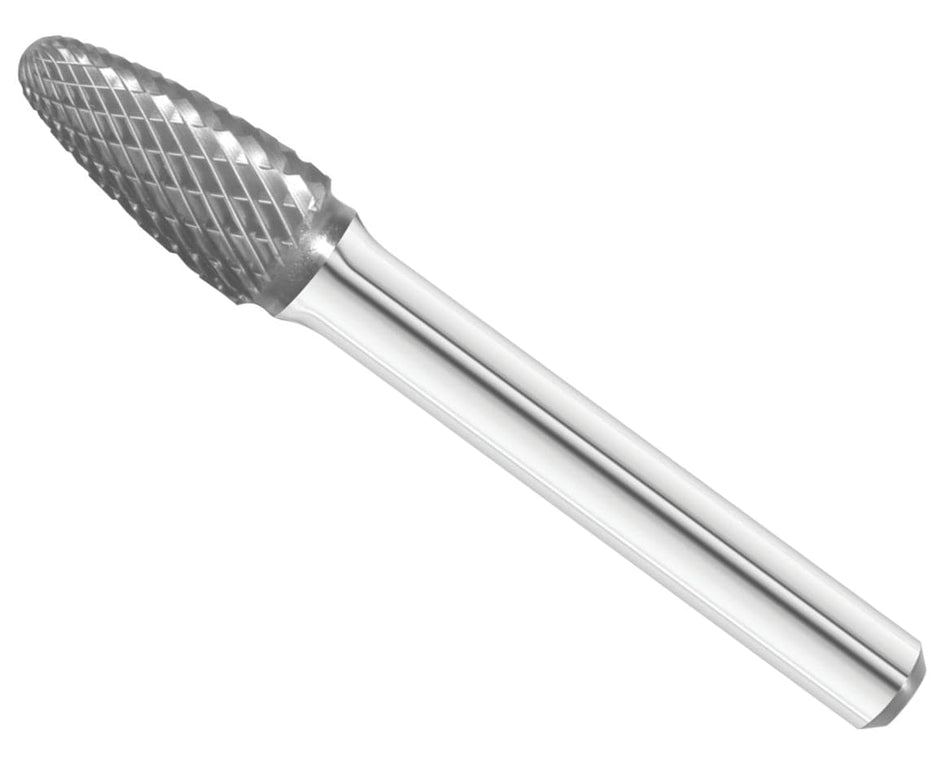 A three-quarter angle studio shot of the UCT Gem Carbide SF-3 burr, highlighting the double-cut, tree-shaped head.