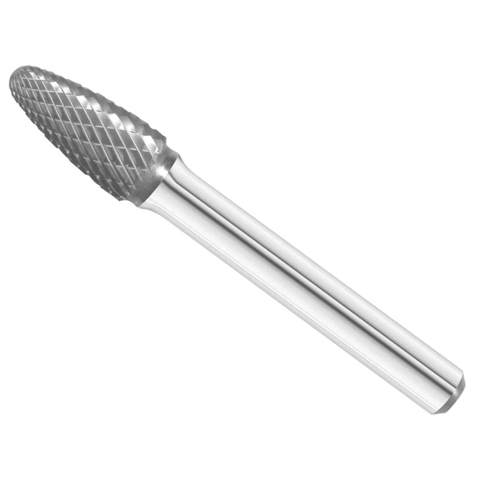 A three-quarter angle studio shot of the UCT Gem Carbide SF-3 burr, highlighting the double-cut, tree-shaped head.