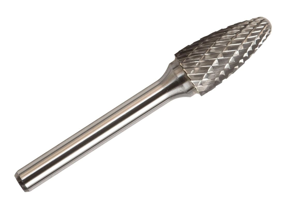 A full-length studio shot of the UCT Gem Carbide SF-3 3/8-inch tree-shaped carbide burr.