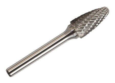 A full-length studio shot of the UCT Gem Carbide SF-3 3/8-inch tree-shaped carbide burr.
