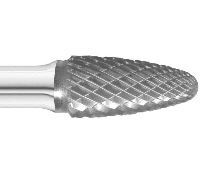 A close-up macro shot of the double-cut (cross-cut) flutes on the head of the UCT Gem Carbide SF-3 burr.