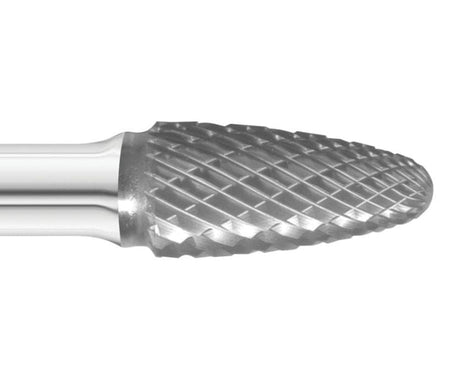 A close-up macro shot of the double-cut (cross-cut) flutes on the head of the UCT Gem Carbide SF-3 burr.