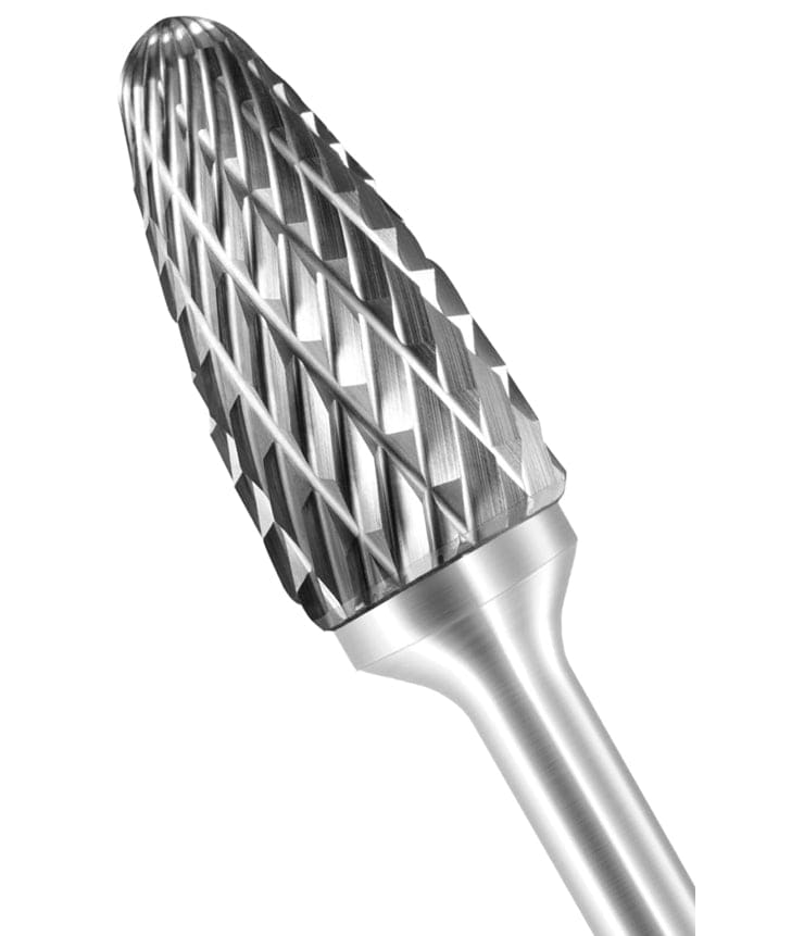 A three-quarter angle studio shot of the UCT Gem Carbide SF-5 burr, highlighting the double-cut, pointed tree-shaped head.