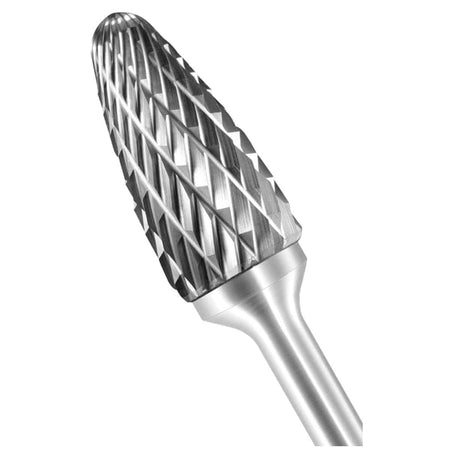 A three-quarter angle studio shot of the UCT Gem Carbide SF-5 burr, highlighting the double-cut, pointed tree-shaped head.