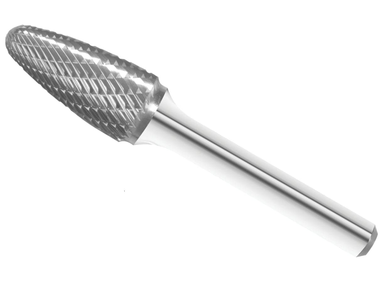 A full-length studio shot of the UCT Gem Carbide SF-5 1/2-inch tree-shaped carbide burr.