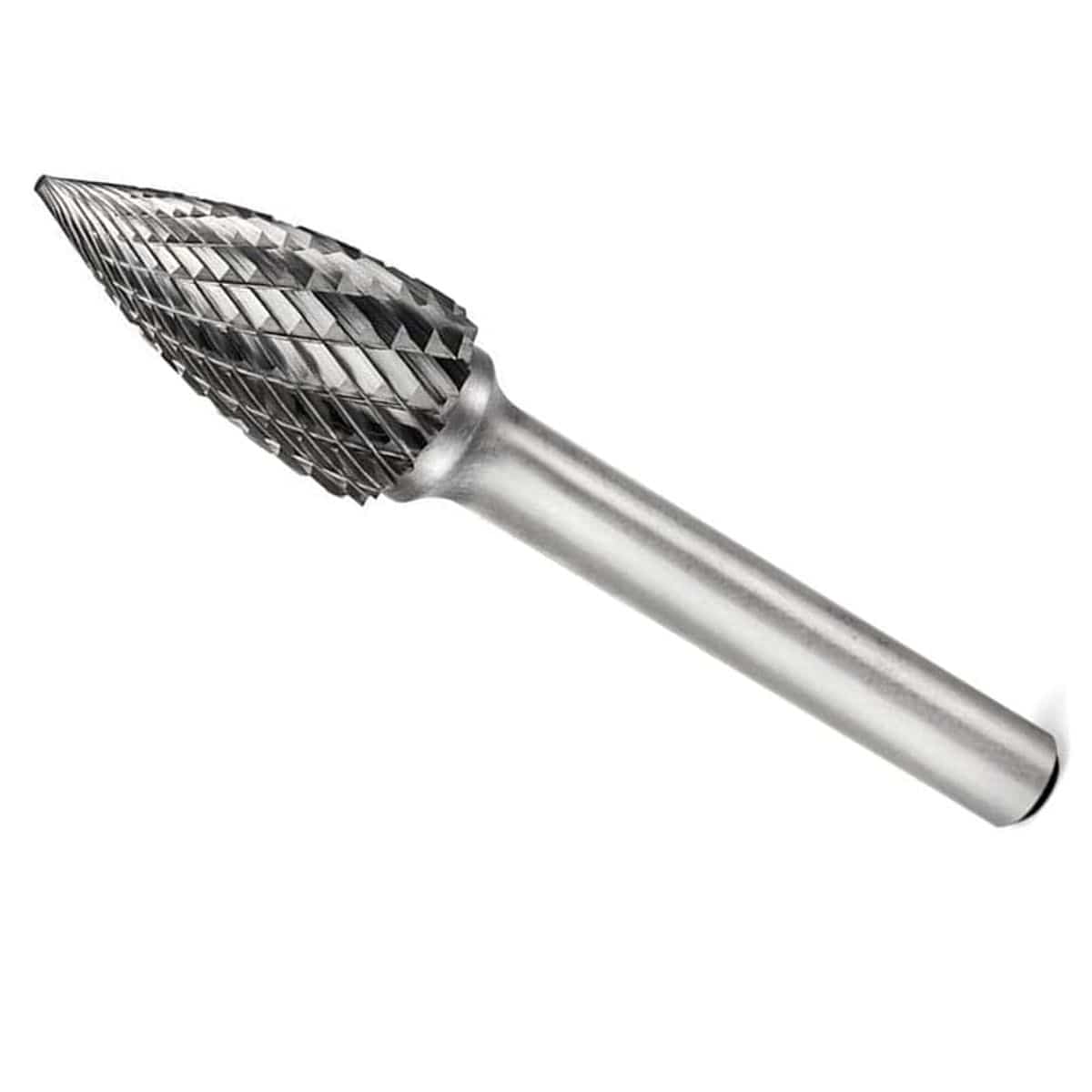 Product studio shot from a top angled perspective of the UCT Gem Carbide SG-3 Pointed Tree Solid Carbide Burr against a white background, highlighting its sharp fluted double-cut abrasive pattern on the head and a smooth unpainted 1/4-inch straight steel mounting shank.