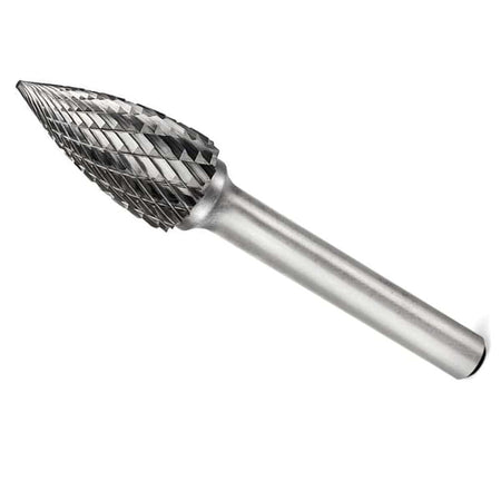 Product studio shot from a top angled perspective of the UCT Gem Carbide SG-3 Pointed Tree Solid Carbide Burr against a white background, highlighting its sharp fluted double-cut abrasive pattern on the head and a smooth unpainted 1/4-inch straight steel mounting shank.