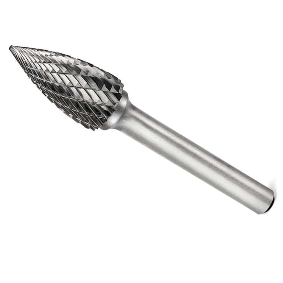 Product studio shot from a top angled perspective of the UCT Gem Carbide SG-3 Pointed Tree Solid Carbide Burr against a white background, highlighting its sharp fluted double-cut abrasive pattern on the head and a smooth unpainted 1/4-inch straight steel mounting shank.