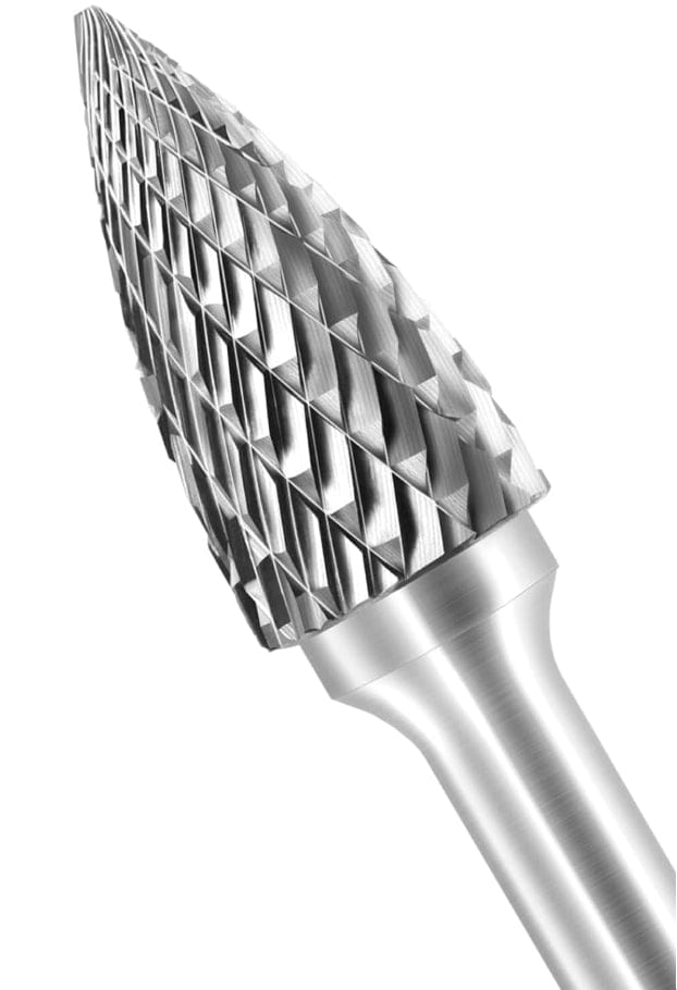 A three-quarter angle studio shot of the UCT Gem Carbide SG-5 burr, highlighting the double-cut, pointed tree-shaped head.