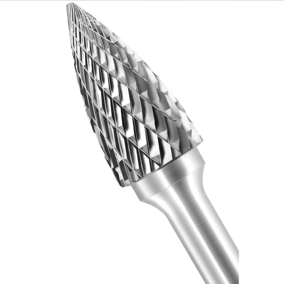 A three-quarter angle studio shot of the UCT Gem Carbide SG-5 burr, highlighting the double-cut, pointed tree-shaped head.