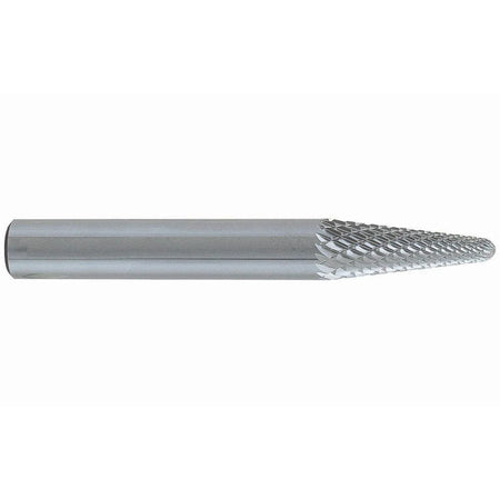 A side profile studio shot of the UCT Gem Carbide SL-1 burr, showing the 1/4-inch shank and the double-cut, tapered radius-end head.