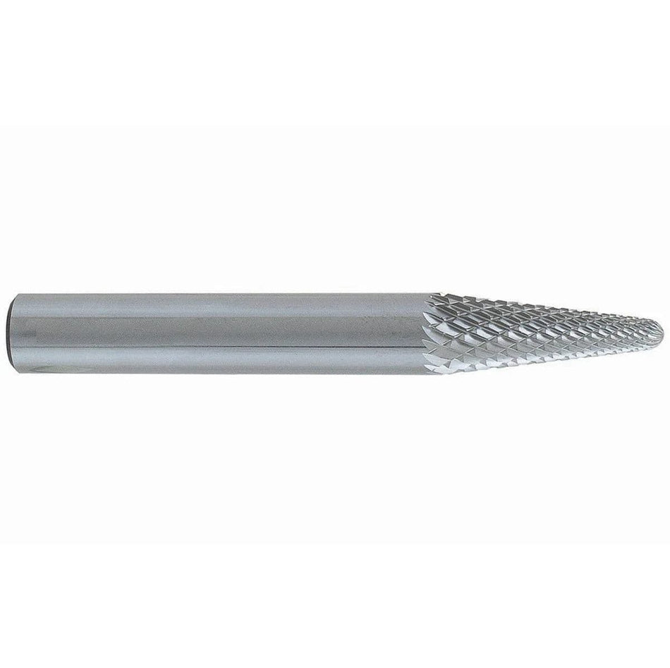 A side profile studio shot of the UCT Gem Carbide SL-1 burr, showing the 1/4-inch shank and the double-cut, tapered radius-end head.