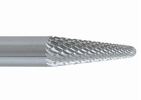 A close-up macro shot of the double-cut (cross-cut) flutes on the head of the UCT Gem Carbide SL-1 burr.