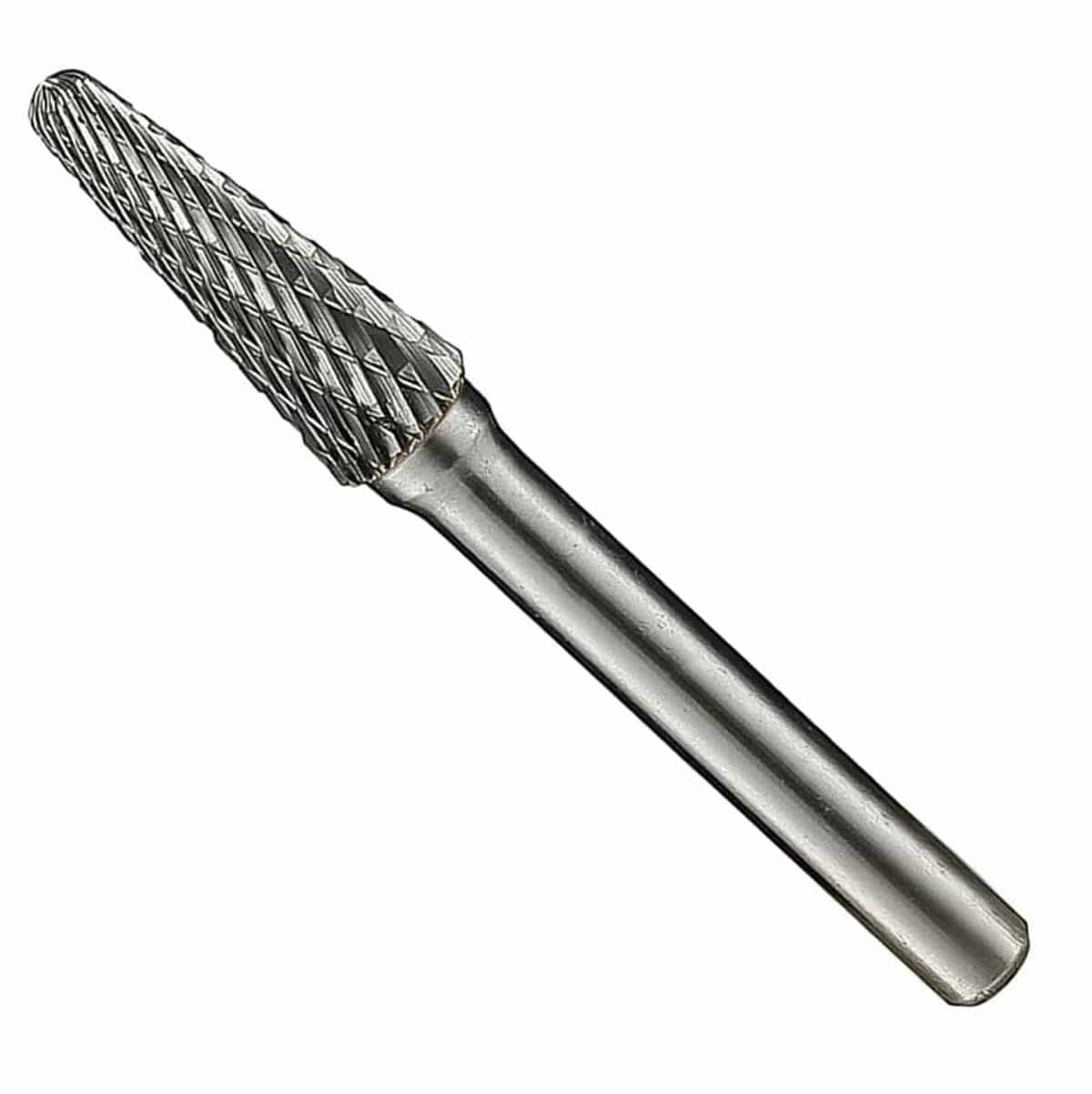 three-quarter angle studio shot of the UCT Gem Carbide SL-3 burr, highlighting the double-cut, tapered radius-end head.