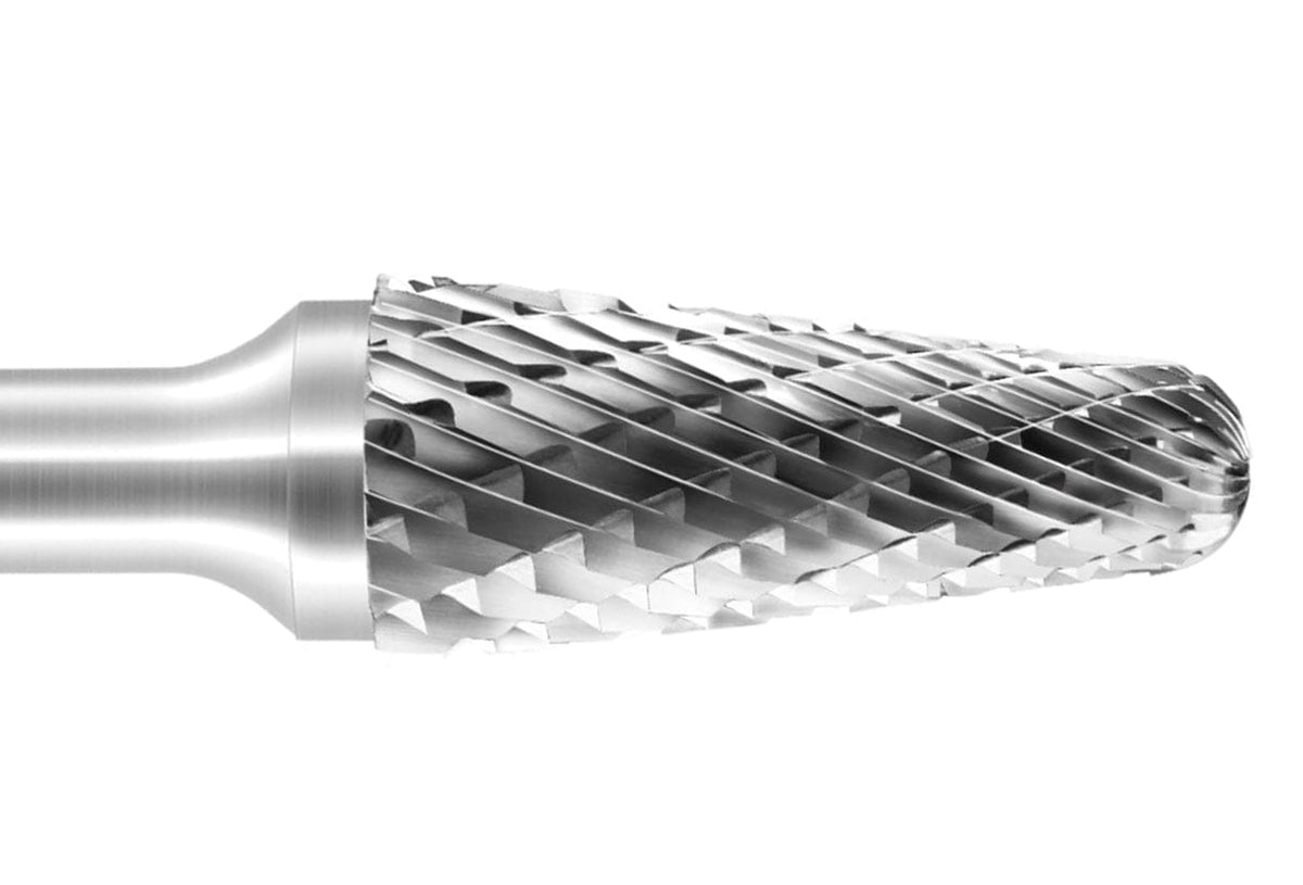 A close-up macro shot of the double-cut (cross-cut) flutes on the head of the UCT Gem Carbide SL-4 burr.