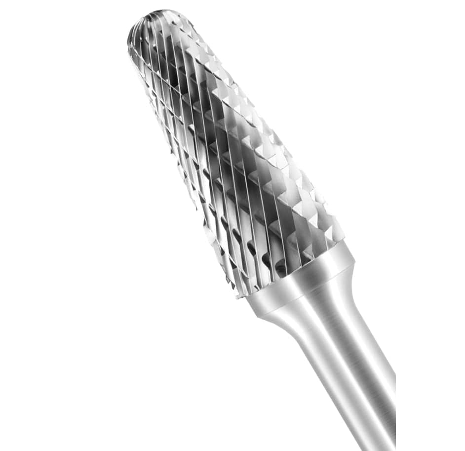 A three-quarter angle studio shot of the UCT Gem Carbide SL-4 burr, highlighting the double-cut, tapered radius-end head.