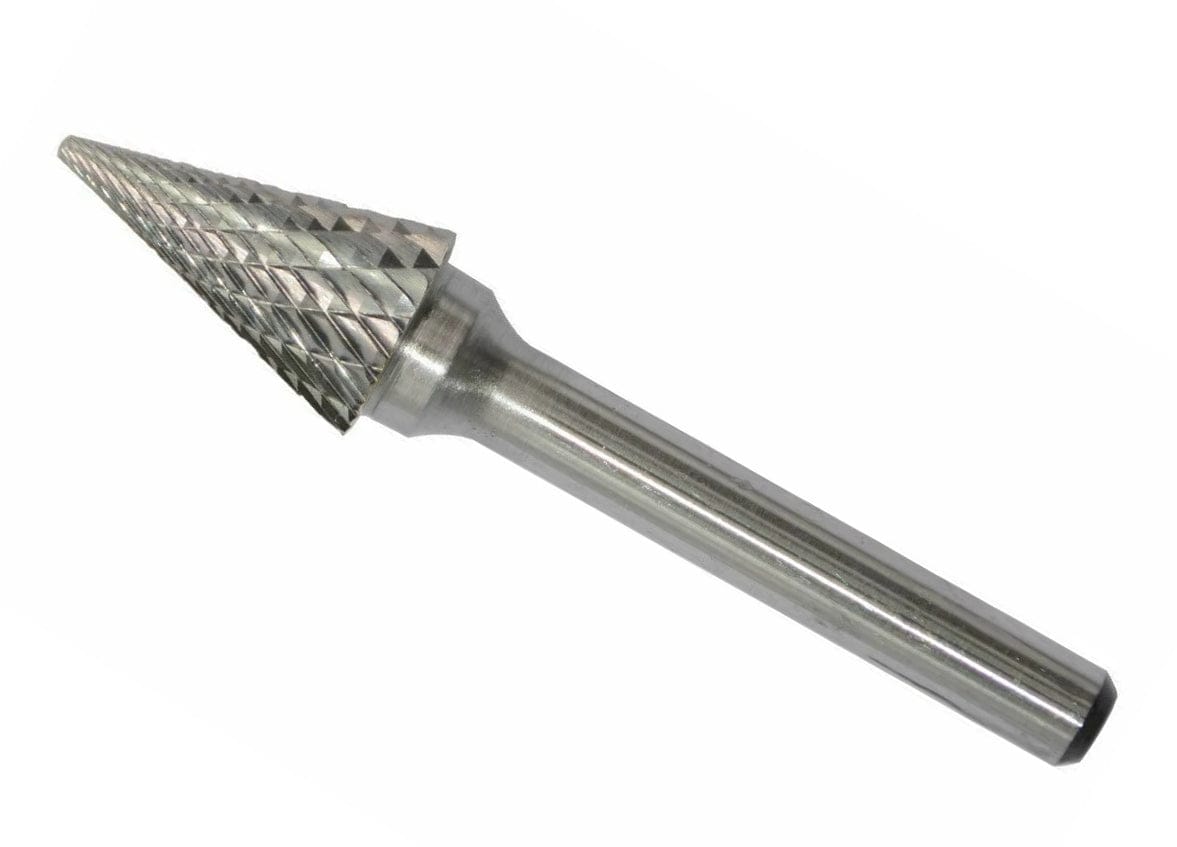 A full-length studio shot of the UCT Gem Carbide SM-5 1/2-inch pointed cone carbide burr.