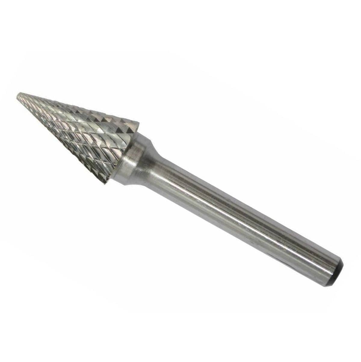 A full-length studio shot of the UCT Gem Carbide SM-5 1/2-inch pointed cone carbide burr.