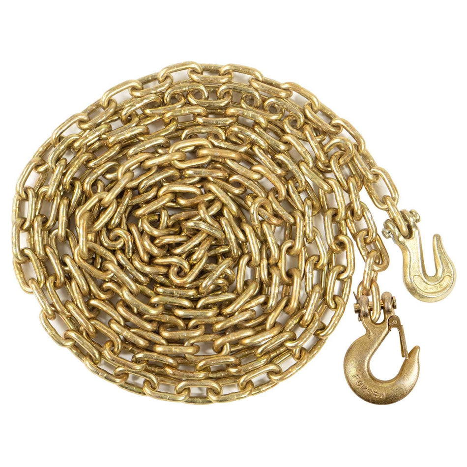 A 3/8 inch by 20 foot Grade 70 transport chain coiled with a yellow zinc chromate finish, featuring a clevis grab hook on one end and a clevis slip hook with a safety latch on the other.