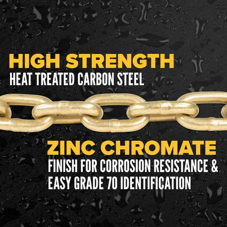 Close-up of the gold-colored links illustrating the high-strength heat-treated carbon steel and the zinc chromate finish used for corrosion resistance and easy Grade 70 identification.